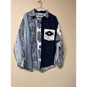 Roper Western Shirt Mens Vintage Geometric Designs size 42 Blue White Made In US